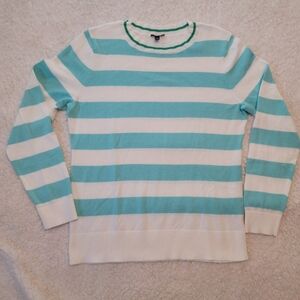 Talbots Teal and White Striped Crewneck Sweater Size L